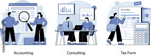 Professional Vector Illustration Set Featuring Accounting Data Analysis Business Consulting and Tax Form Preparation Concepts with People.