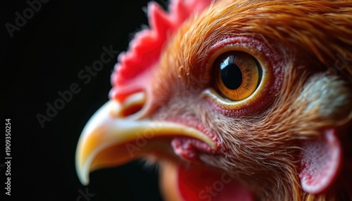 Macro view chicken eye shows details of feathers beak comb wattles. Brown hen stares intensely, revealing bird anatomy in warm studio lighting. Farm animal portrait shows natural texture.