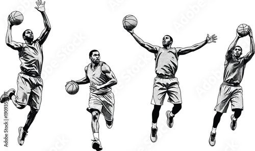 Basketball Players Action Sports Athlete Dribble Jump Shot Dunk Game Team Vector Illustration Collection Isolated