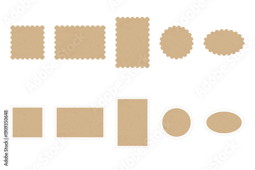 切手風のフレームとラベルのセット。クラフト紙のテクスチャ。