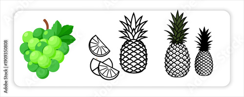 A Mango Fruit and Pineapple or Bananas, Vibrant Dragon, Fresh Lime, Green Grapes Icons