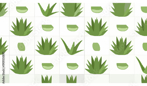 Modern aloe vera seamless vector pattern with plant and slice elements on white