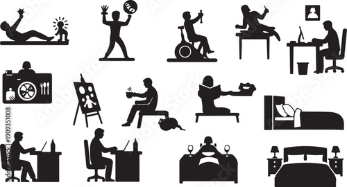 Black silhouettes of people in various daily life activities