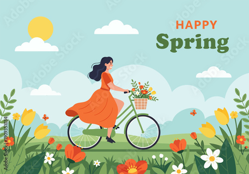 Vector illustration a woman is riding a bicycle in the park celebrating the arrival of spring season