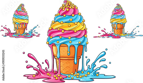 Vector melting ice cream cone with pink, blue, yellow swirls and sprinkles, liquid splash, isolated on white
