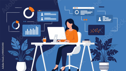 Vector illustration of a woman working on a laptop surrounded by business graphics and plants in a modern office environment