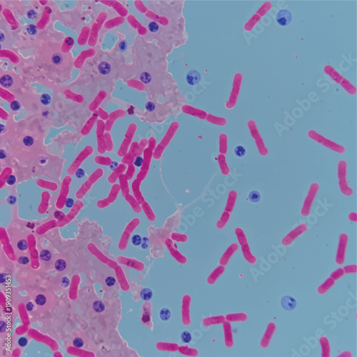 Vector of ARB (Acid Fast Bacillus) image in sputum smear. Microscopic view of acid-fast bacilli in sputum smear. Ziehl-Neelsen stained Mycobacterium tuberculosis bacteria under microscope. 