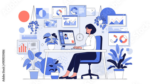 Vector illustration of a person working on a computer surrounded by charts and plants in a modern office environment from a front viewpoint