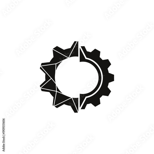 A gear graphic with a geometric left side and a cogged right side on a white background