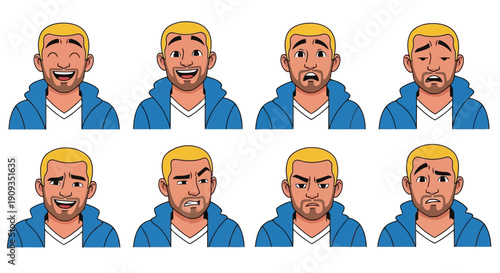 Vector Illustration of Man with Various Facial Expressions and Emotions