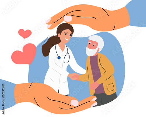 Hands taking care of an old man. Concept of support and kindness in community. Volunteer share empathy and hope with needy. Help and compassion in life. Flat vector illustration.