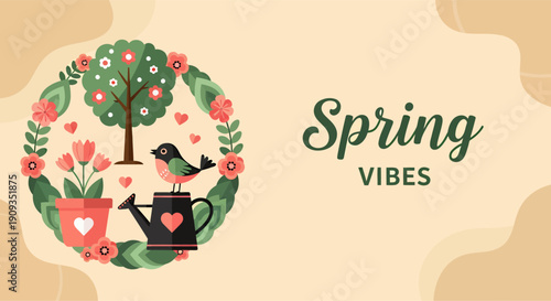 Landscape banner spring vibes season, vector illustration