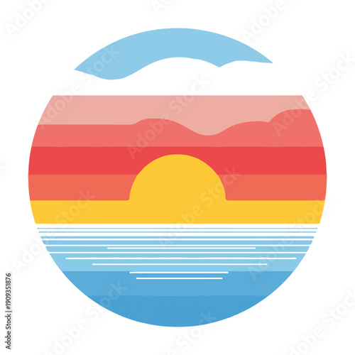 Geometric Sunset Circle, Beach, Ocean, Cloud Illustration
