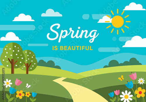 Vector illustration of a spring landscape with flowers and birds under a sunny sky with clouds and a rainbow over green meadow hills