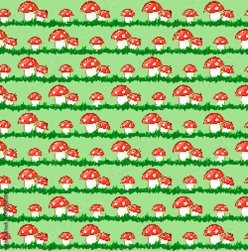 A seamless pixel background with forest mushrooms.