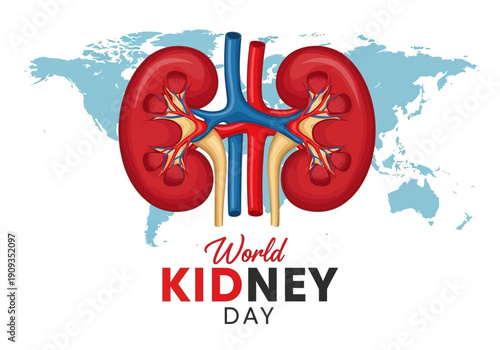 World kidney day illustration with anatomical kidneys and map