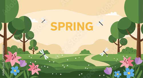 Abstract vector illustration of a vibrant summer and spring landscape featuring green grass, rolling hills, and blooming flowers under a sunny sky with clouds