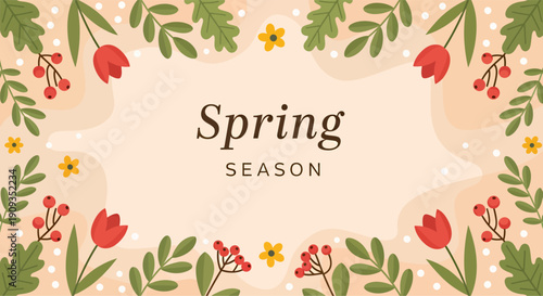 Floral Easter greeting card illustration featuring a spring vector design with pink tulips, colorful eggs, and a nature leaf border ornament