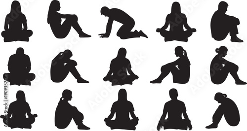 Silhouettes of people sitting in various poses and positions