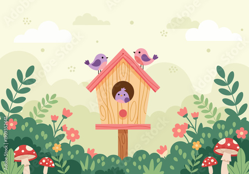A small wooden birdhouse with a hole and a green roof hangs from a spring tree branch in a garden full of blooming flowers, creating a natural home for birds in the illustration