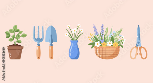 A beautiful spring garden arrangement featuring pink tulips and yellow crocuses in flowerpots alongside essential gardening tools and a vibrant floral bouquet