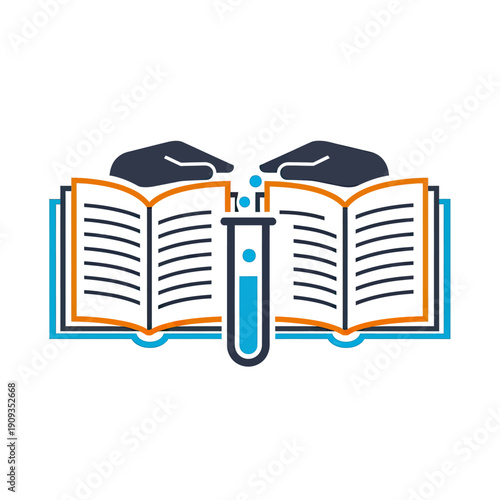 A science education icon depicts two books, hands, and a test tube, with a white background