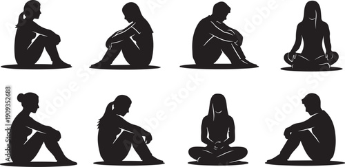 Silhouettes of people sitting in various yoga poses together