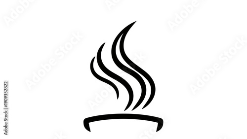 Black graphic depicts curved lines emanating from a base, resembling smoke or steam