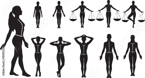 Silhouettes of women in various poses and scales illustration