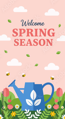 Potrait banner celebrate spring season with flowers and watering can, vector illustration
