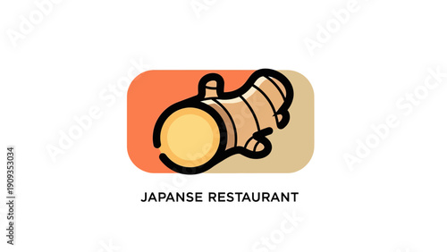 A stylized illustration of ginger root inside an orange and tan rounded rectangle, with text below