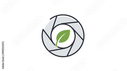 A leaf within a camera aperture icon, with grey blades and a black outline on white
