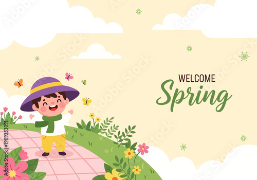 A kid celebrate welcome spring in the park, vector illustration