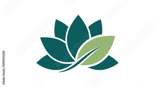 A stylized lotus flower design, teal petals surround a green leaf, all set on white