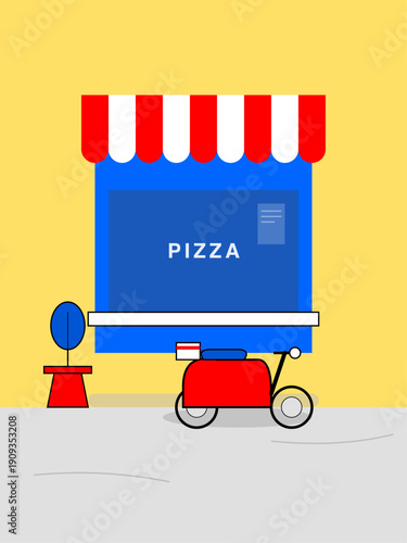 Pizza Street Food Cart Stall with Red White Awning Flat Minimalist Vector Illustration Yellow Background Retro Food Stand