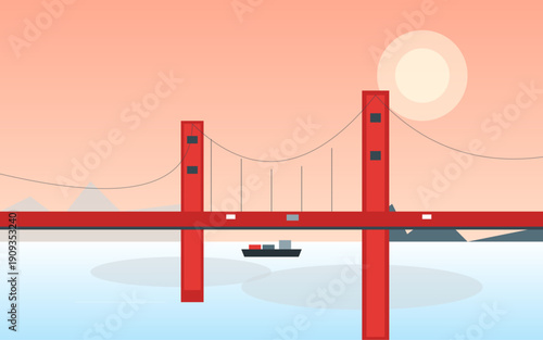 Red Suspension Bridge Over Ocean at Peach Sunset Flat Minimalist Vector Illustration Golden Gate Style Landmark Background