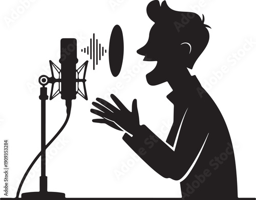 Man in silhouette speaking into a microphone, podcasting or recording audio