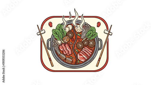 A graphic illustration of a steaming hot pot with various ingredients and chopsticks