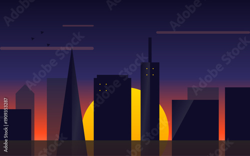 Dark Dramatic City Skyline with Glowing Yellow Buildings at Night Flat Minimalist Vector Illustration Background