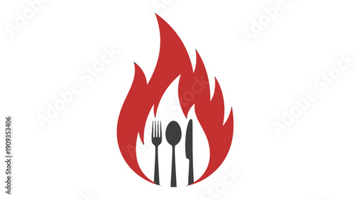 A red flame design enclosing a fork, spoon, and knife, all in black, on a white background