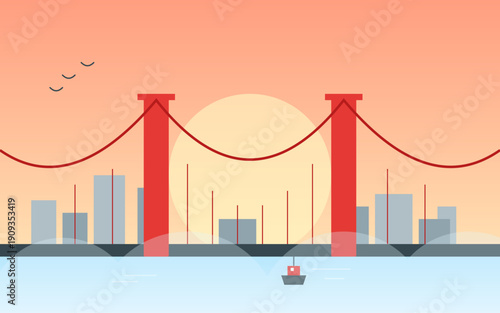 Golden Gate Suspension Bridge Red City Skyline Sunset Minimalist Flat Vector Illustration San Francisco Landmark Design