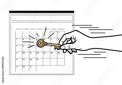Hand holding key pointing to date on calendar illustration