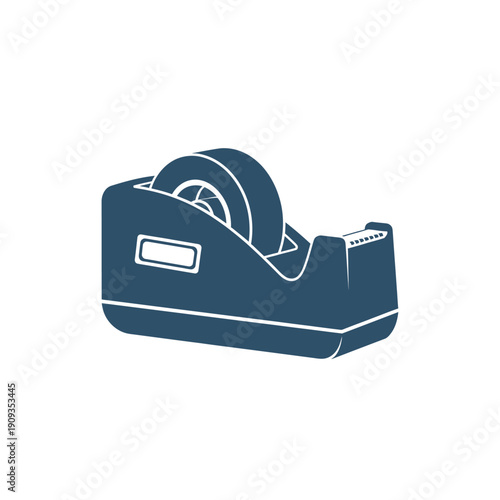 A dark blue tape dispenser with a tape roll inside, on a white background