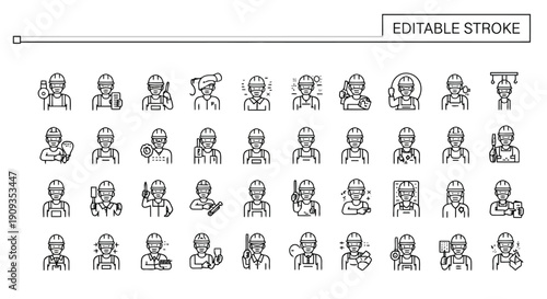 Vector Illustration of Various Worker Icons with Editable Stroke