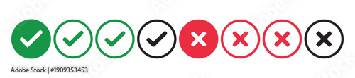 Check mark icon button set, check box icon with right and wrong buttons, yes or no checkmark icons in green tick box and red cross, approved and rejected symbols, choice selection buttons,