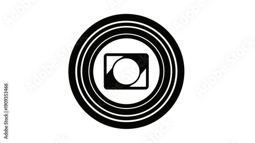 A black and white graphic consisting of concentric circles and a square with a circle