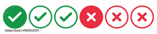 Check mark icon button set, check box icon with right and wrong buttons, yes or no checkmark icons in green tick box and red cross, approved and rejected symbols, choice selection buttons,
