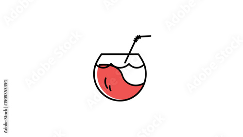 Simple illustration of a cocktail in a rounded glass with a black straw. Red drink inside