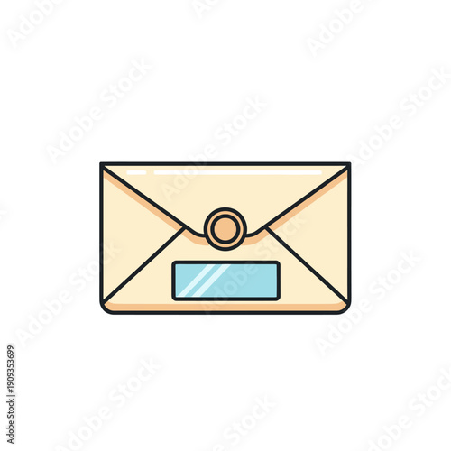 A beige cartoon envelope with a blue rectangle and circular seal, against a white backdrop