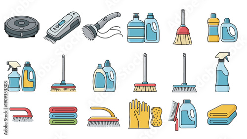 Extensive set of household cleaning equipment icons including vacuum, broom, bottles of detergent, sponges, and gloves for home maintenance tasks.